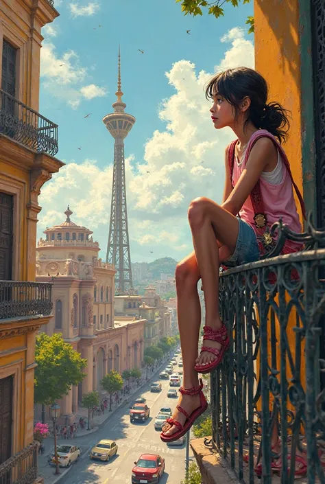 Girl sitting on a sideways valcon in Mexico City, in the background you can see the Latin American tower and fine arts 