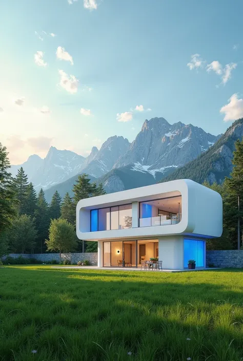 A optimistic and futuristic modern style house with white walls and blue windows, beautiful house, optimistic, backyard with green grass, mountains at the background with some clouds in the sky, clean sky, clean air. Forest behind the house, futuristic cit...