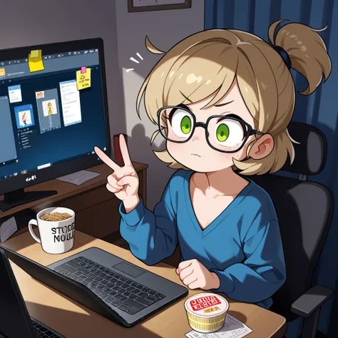 A tired young software developer (japanese female, very low v-neck) sitting at a cluttered desk in a dimly lit room, surrounded by empty instant noodle cups, coffee mugs, and sticky notes with code snippets. The developer is staring at their laptop screen ...