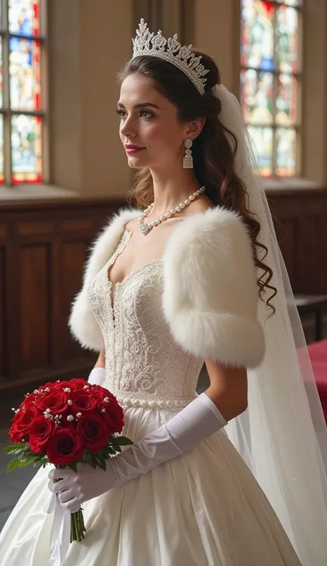 Close up photo of young bride in a regal wedding dress, with a white satin lace wedding dress, an intricate embroidery, a princess-style crinoline hoop skirt, and a dramatic train. She wears extra-long white gloves, a pearl necklace, pearl earrings, and a ...