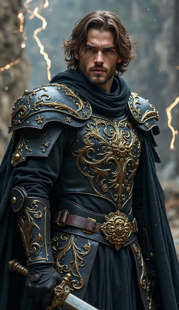 A man with shoulder-length brown hair,  short beard , muscular and strong, Young, black armor with sensual fractal gold details, voluminous black cape, hair holding a large obsidian sword, corps inteiro, greater detail, masterpiece, 8k, In the midst of lig...