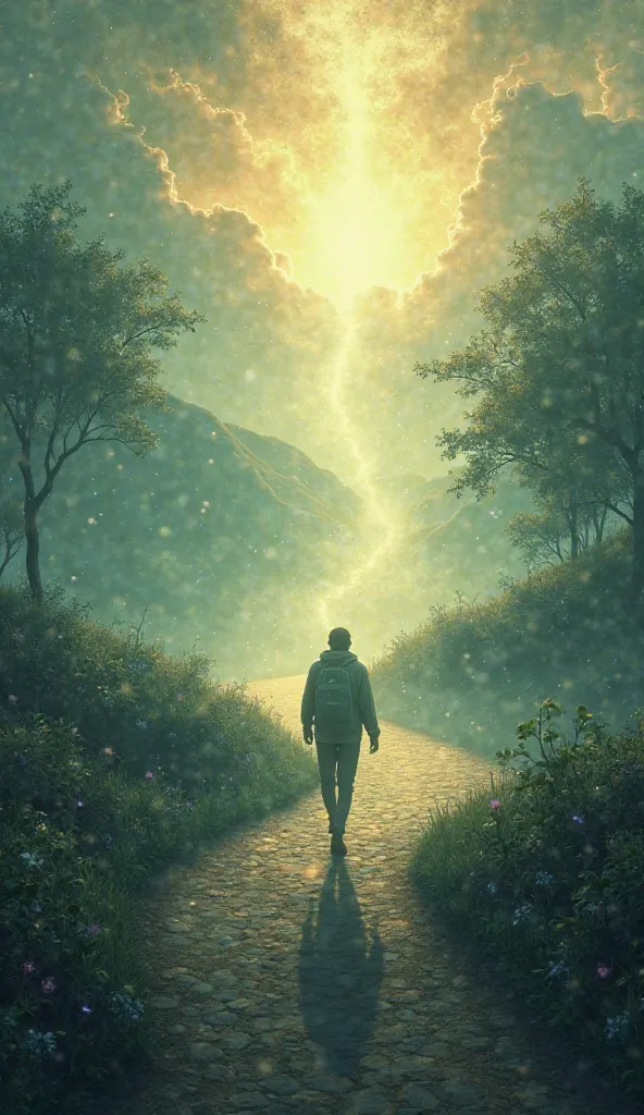 "A person walking alone on a path illuminated by a heavenly glow, with an atmosphere of mystery and hope."