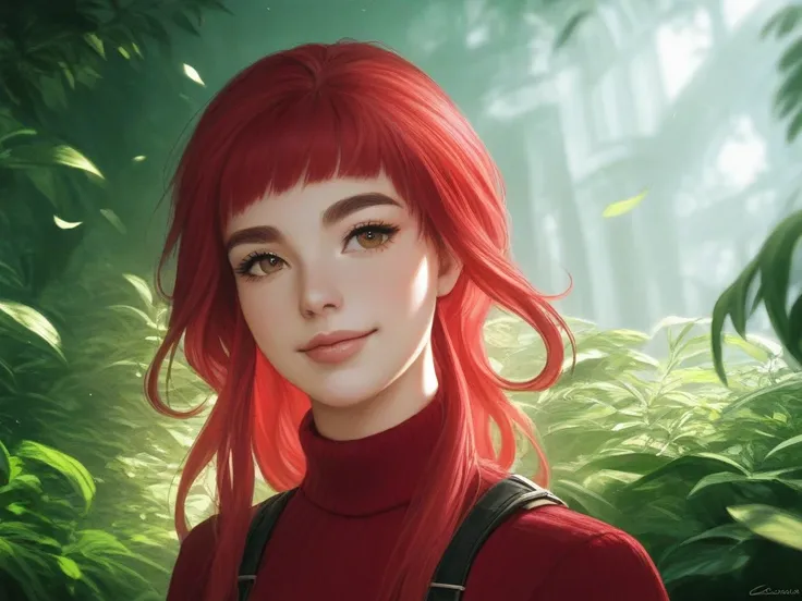 red hair　 asymmetry　 Red　wolf cut hairstyle with long back hair　
natural perm
drooling　Lots of eyelashes　Thick eyebrows　Turtleneck
Human
Simple Outfit　Japanese anime