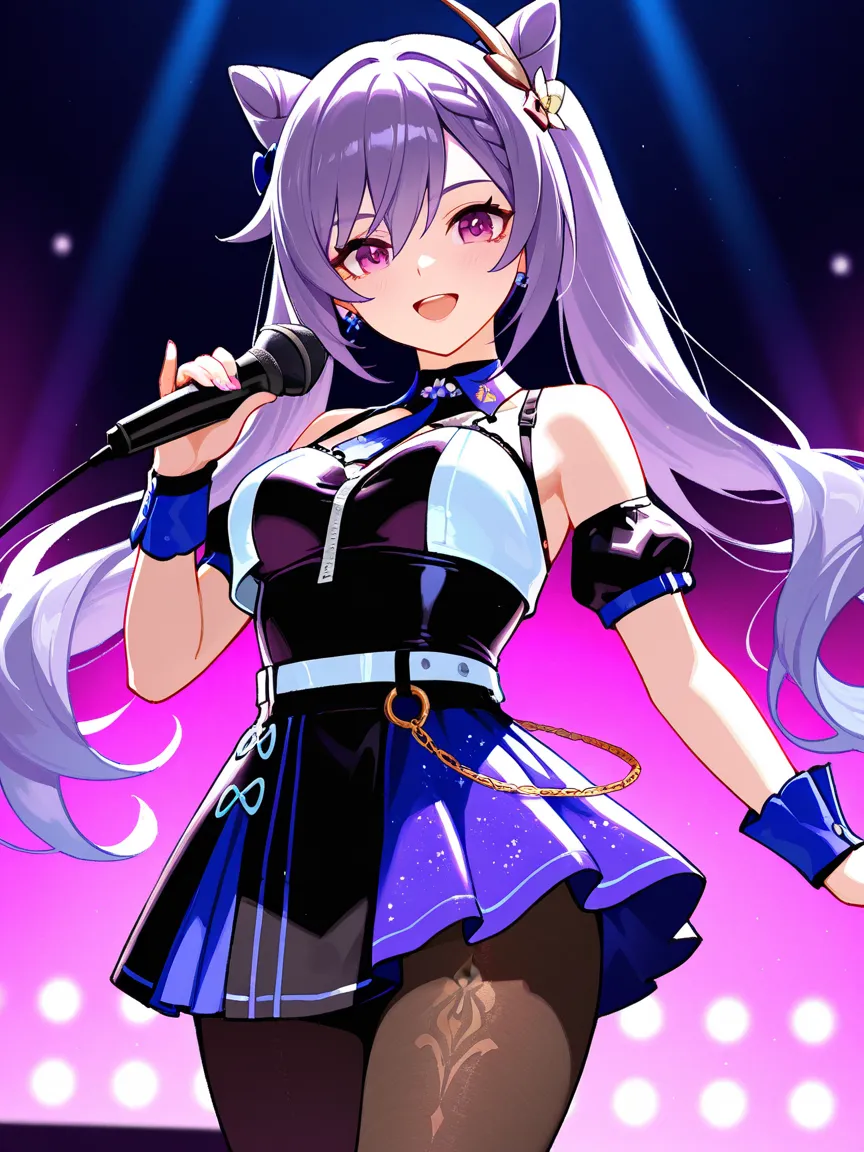 8k,masterpiece, best quality, ultra detailed, high resolution, super fine illustration,Keqing (Genshin impact), 1girl, solo, smile,purple eyes, purple hair, cone hair bun, double bun, braided bangs, long hair, medium breasts, cyberpunk fashion outfit, Idol...