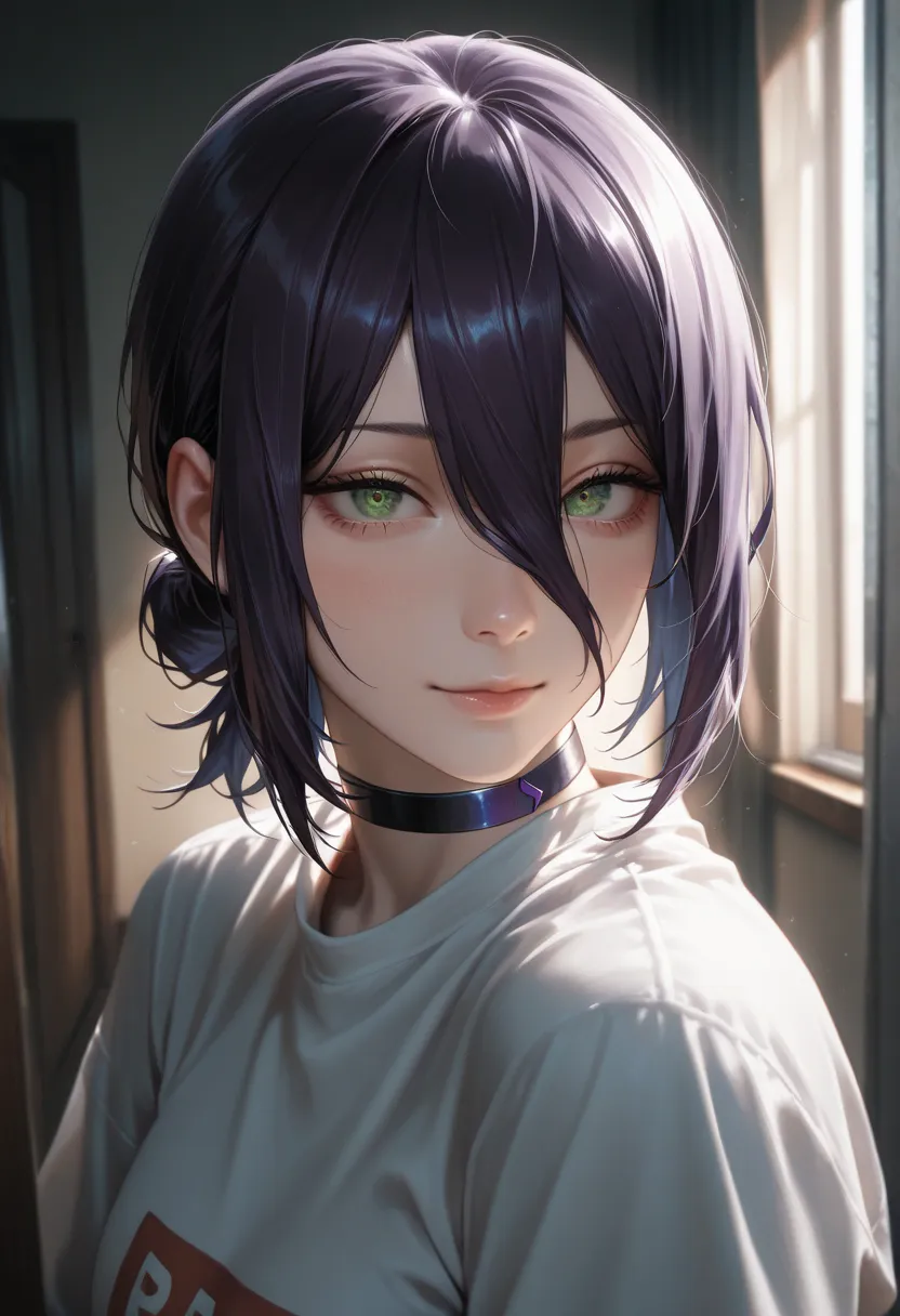 masterpiece, best quality, vibrant, very aesthetic, high contrast, photorealistic portrait,beautiful detailed face,detailed texture,detailed skin, newest, 1girl,chainsaw man,source_chainsaw man,reze,shirt,room,realistic lighting
