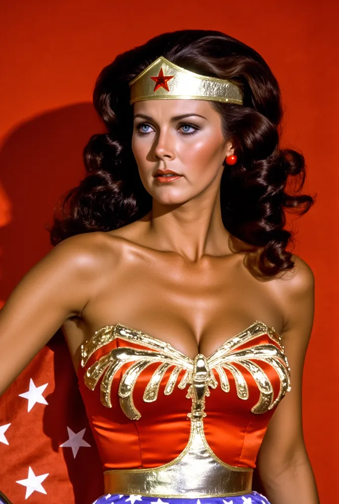 lynda carter as wonder woman wearing a red, blue and white cape with white stars on a red background close up