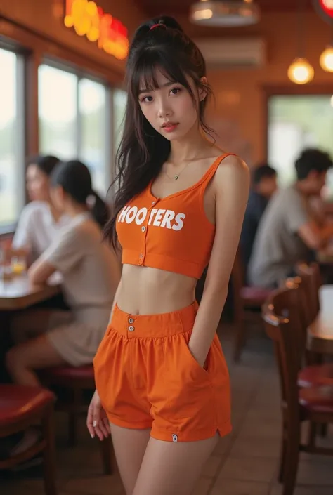 hooters waitress, tan pantyhose, korean