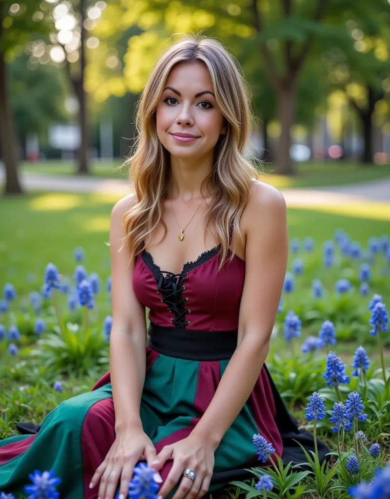 A candid and elegant photograph of a beautiful woman with warm light-brown hair featuring subtle golden highlights. Her long, straight hair is slightly wavy at the ends, falling freely over her shoulders, creating a sense of natural elegance. She has soft ...