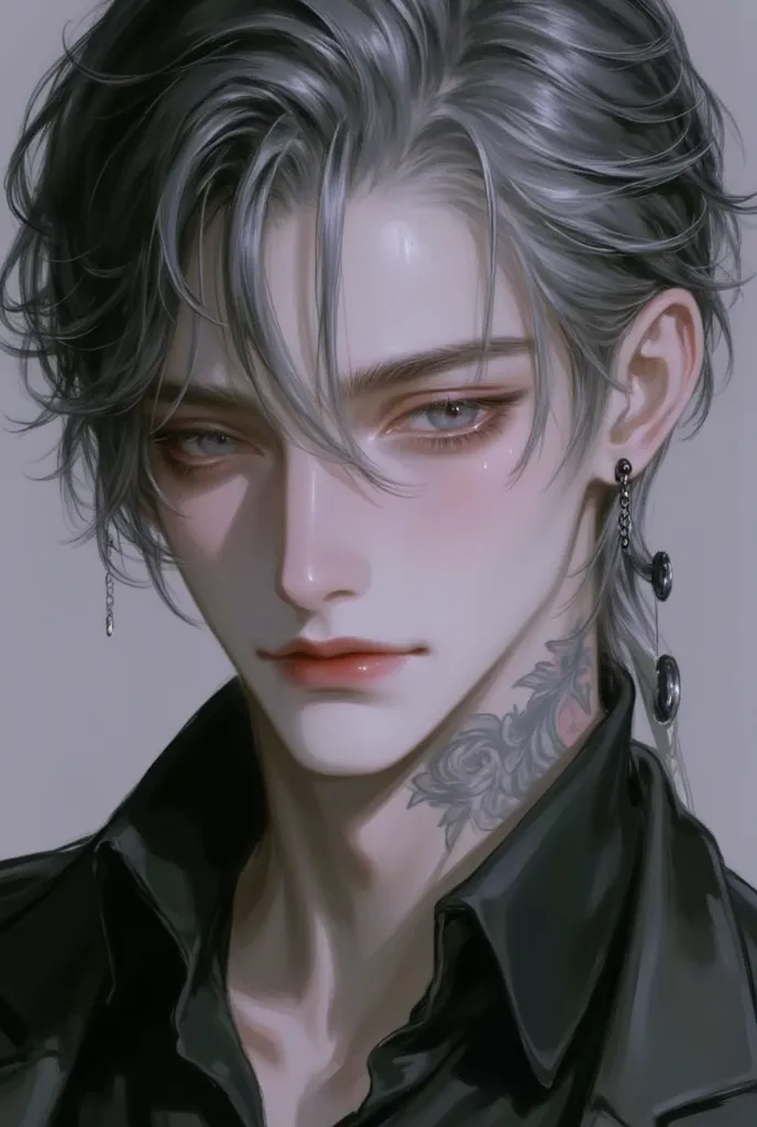 A highly detailed image of a middle age man black hair that has some gray in it. He should have tattoos all over his body but not on his face. His ears should have black studs in the and he should be wearing a fancy black tailored suit. His eyes should be ...