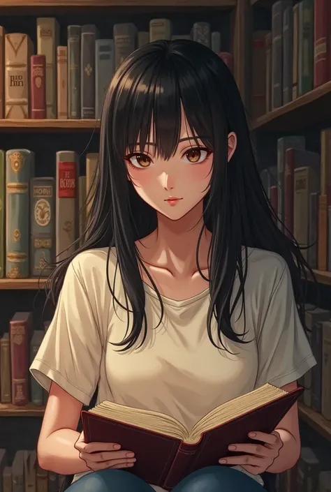 I would like to create a female character, king, straight black hair without bangs, brown eyes, wearing a loose-fitting t-shirt, She wears loose clothing, And she's in a library reading a book 