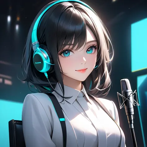 Mechanical agent, neon teal light, headphone and mic, A beautiful and intelligent young woman with a calm and confident expression, slightly smiling. She has long, silky black hair and sharp, captivating eyes. Dressed in an elegant yet modern outfit that r...