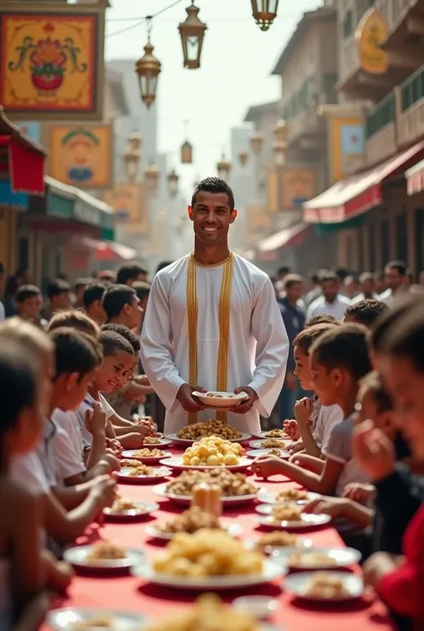 "Cristiano Ronaldo, wearing a white galabeya and a golden-trimmed vest, stands at a long Ramadan Iftar table in a lively Middle Eastern street, serving food to the less fortunate. He smiles warmly as ren gather around, some holding footballs for autographs...