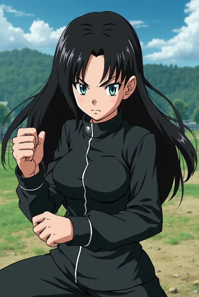 screenshot of the anime Dragon Ball Z,A woman with black hair,long and luscious, side bangs,torn light blue eyes,beautiful and attractive,neutral-faced,wearing a black training uniform,against a background of a field, fighting position,full angle  