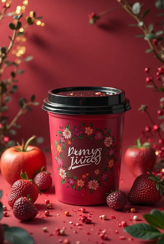 Create an image that is striking with many decorations, such as a juice in a plastic container with a black lid and that has demys juices written on it 