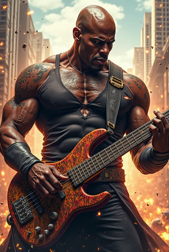 a 45 year old bald head comic super hero black guy playing bass