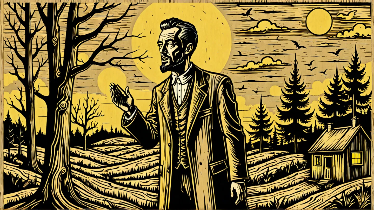 
preacher

 Create a rustic woodcut style image digital art surreal, using only black, beige and yellow colors.
