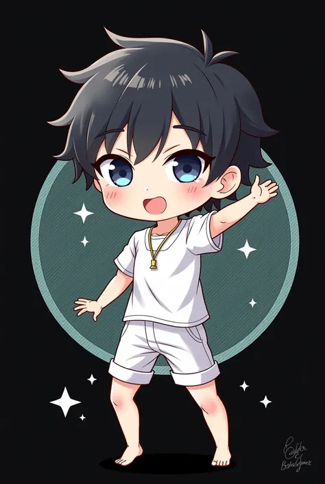 Hi-Res,4K,portrait,Japanese, chibi,Late 20s,Full Body Image,relaxed posture,white background,soft lighting,Natural Skin Tone,Delicate Textures,Elegant Atmosphere, pop art,Digital Art,cute,(1boy ), chibi,full body, black hair,Face maintenance ,male