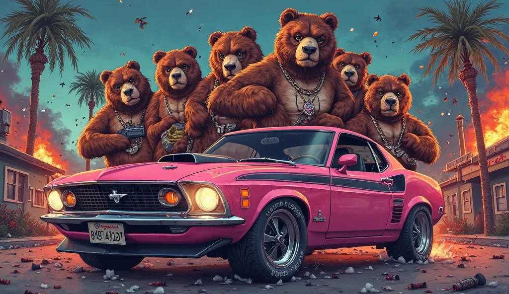 create a wallpaper for me of an army of bears , Squidders , animated gorillas and tigers making out joints  , pink NY Yankkes sweatshirt, In a Ford Mustang, A Glock, neck and arm tattooed with a tribal , a pink rosary necklace and an Air Jordan4 sneakers(w...