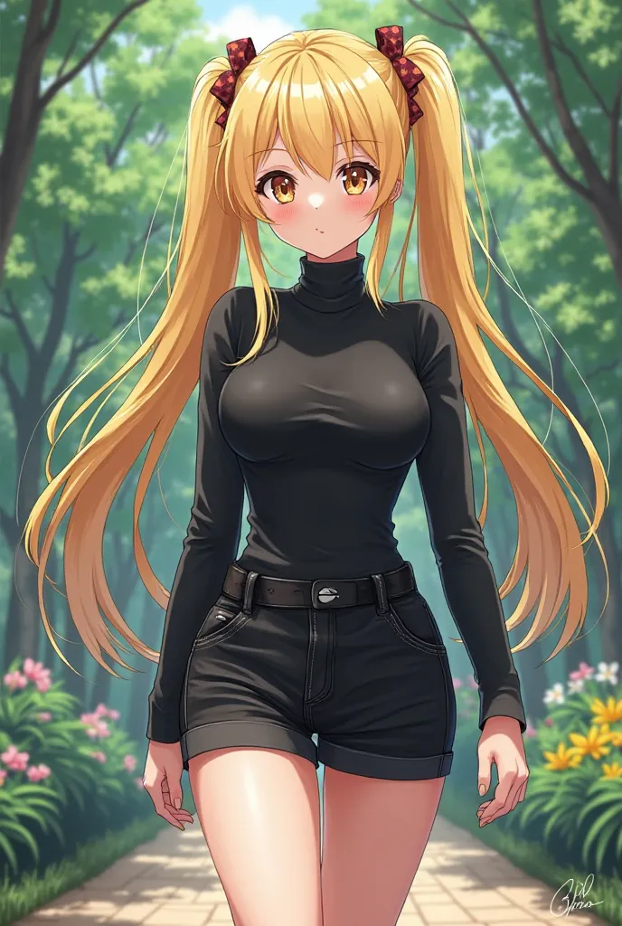 Blonde Twin Drill Pretty Girl Turtleneck Black E Cup、black denim miniskirt fashion park walk background anime illustration odd eye