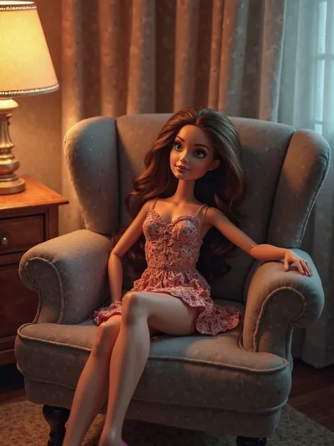 Barbie with brown hair sitting on an armchair in the nightroom with a face would be with her face stuffed in one arm as if thinking 