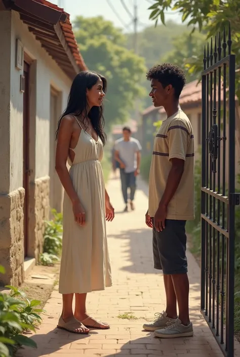 A hyper-realistic digital painting of a beautiful 30-year-old white woman, with very fair skin , Long black hair, and a welcoming smile , standing At the entrance of a well-kept house in a modest Brazilian neighborhood, But not poor . wear a beige and whit...