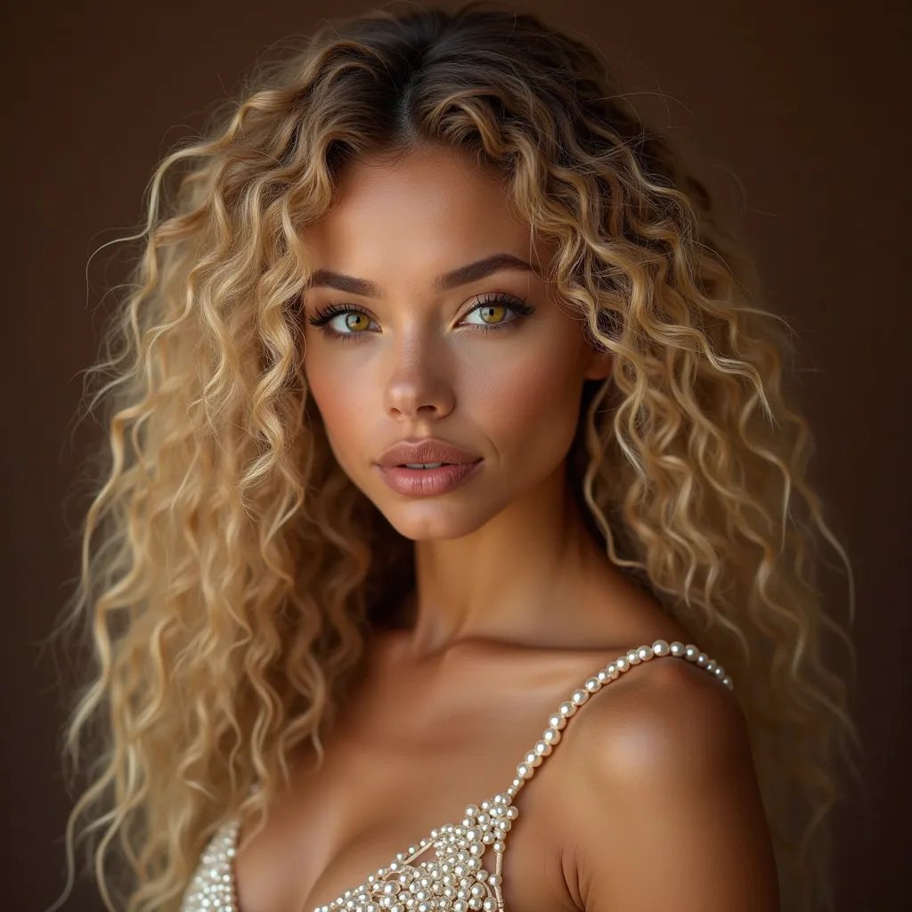 Toffee color skin, beautiful toffee mixed woman with long blond curly and extremely detailled clear yellow eyes, extremely face detailed, she wears beautiful she does a magnificent photo shoot ,she has a beautiful top made of white pearl, top made of pearl...