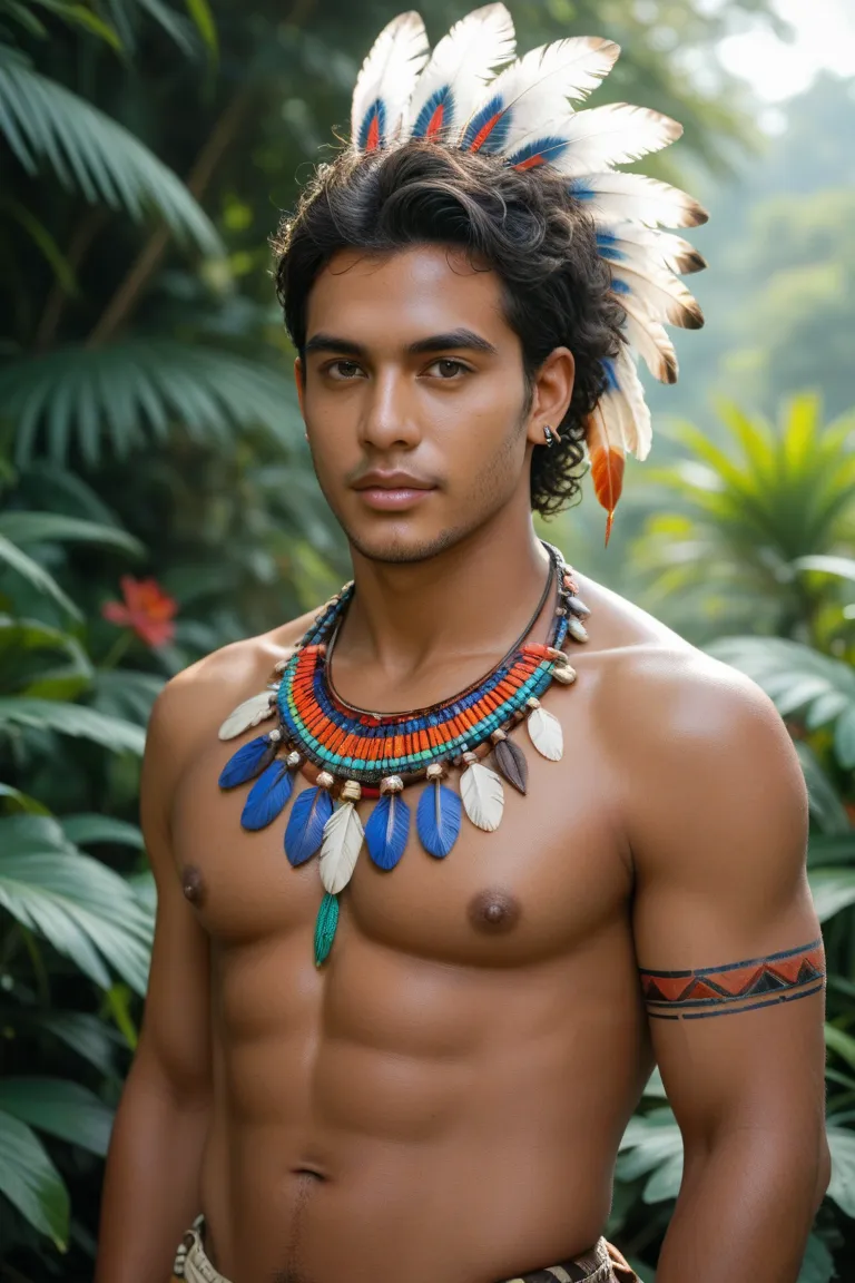 Strong and dark-haired Brazilian indigenous man 