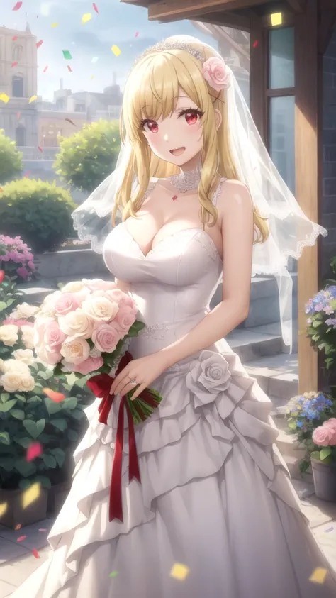 Masterpieces, Best Quality, girl, looking at viewer, yamada_yellow, blonde hair, solo, long hair, hair ornament, x hair ornament, red eyes, large breasts, wedding Dress, standing, garden, confetti, holding bouquet, smile, open mouth 