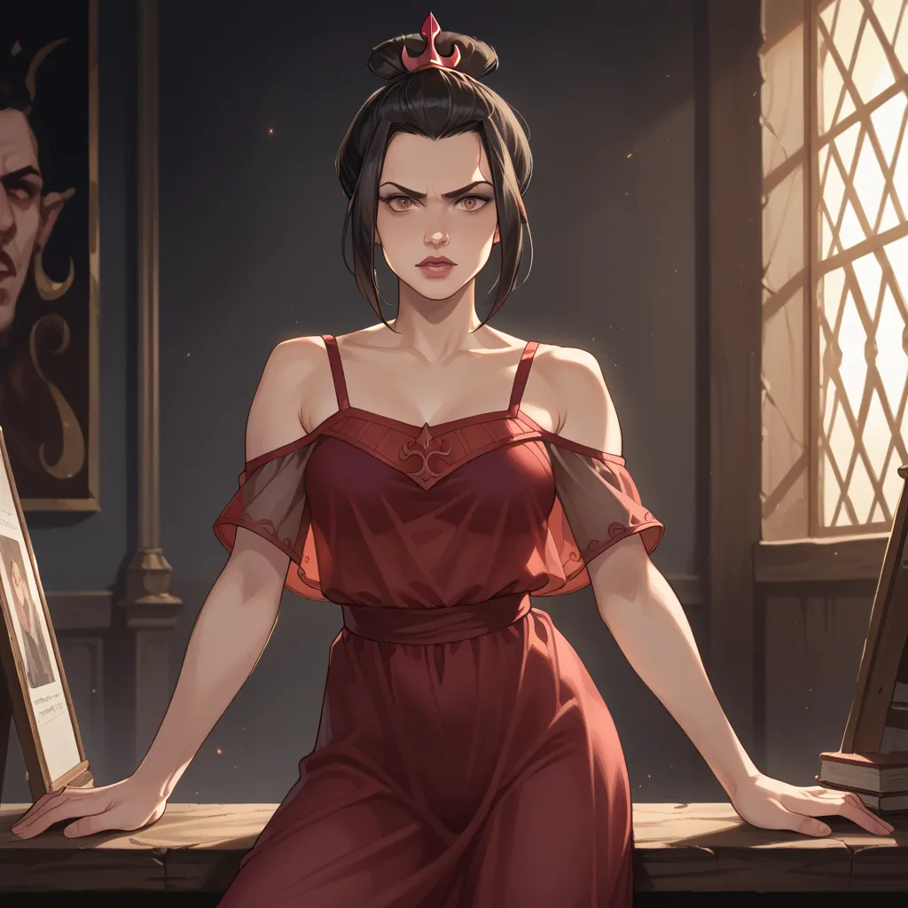 A full body display, Princess Azula off the shoulder strap, low cut tank-top, long see-through dress, intricate fantasy character portrait, detailed facial features, intense gaze, dramatic pose, dark fantasy, dark magic, moody lighting, cinematic compositi...