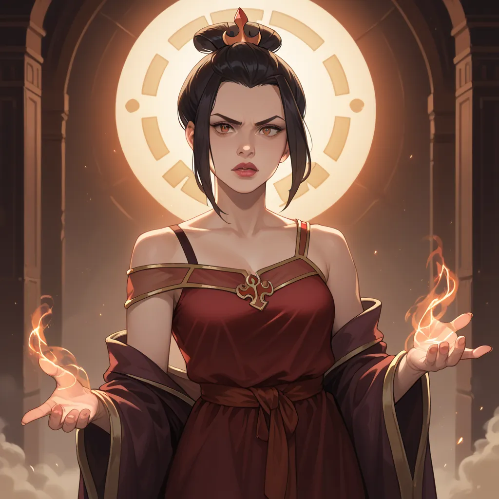 A full body display, Princess Azula off the shoulder strap, low cut tank-top, long see-through dress, intricate fantasy character portrait, detailed facial features, intense gaze, dramatic pose, dark fantasy, dark magic, moody lighting, cinematic compositi...