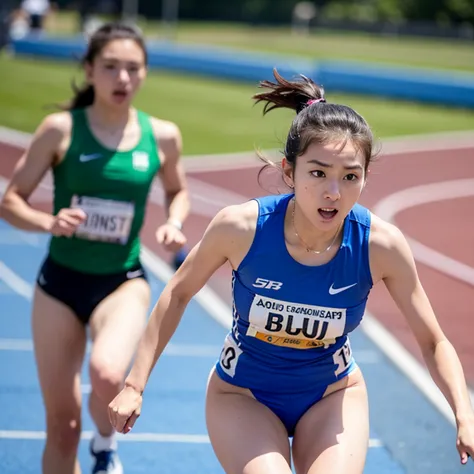 track and field athletes, Highest quality, shape, fields are very detailed,  In detail , high resolution, wallpaper 8k, Perfect Dynamic Composition,   Beautiful detail  ,   Natural Lip ,  athletes &#39; uniforms, Large breasts cleavage，, She is smiling and...