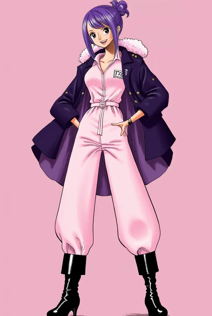 20 year old woman with purple hair tied short full body with big boobs cheerful with a smile in a pale pink jumpsuit, a dark purple jacket, DOM boots, black gloves