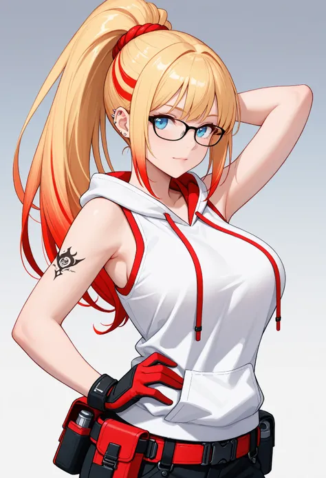 Rapunzel. ponytail blonde hair with red tip, anime girl, cybernetic, Technician, glasses ,Hair: blone with vibrant red tips, styled in a way that reflects a confident and capable personality. The silver-to-red gradient enhances their striking and unique lo...