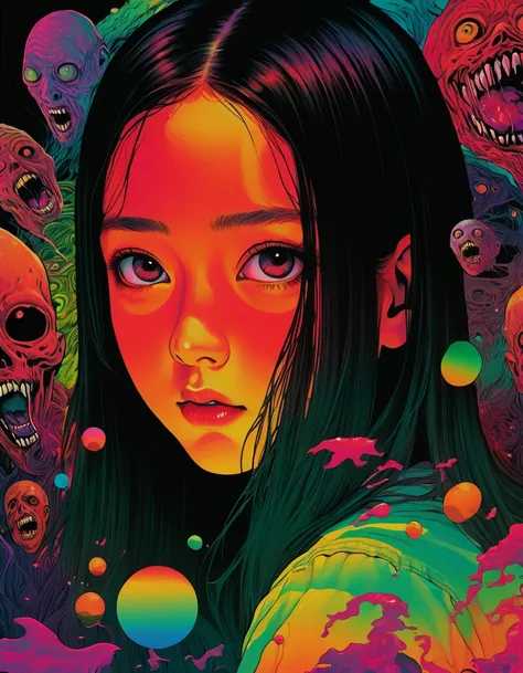 An illustration、art、90s horror movie posters, Supervised by Junji Ito、High detail, Realistic shadows、Analog Style, chromatic aberration, Surrealism、Complementary Gradient
