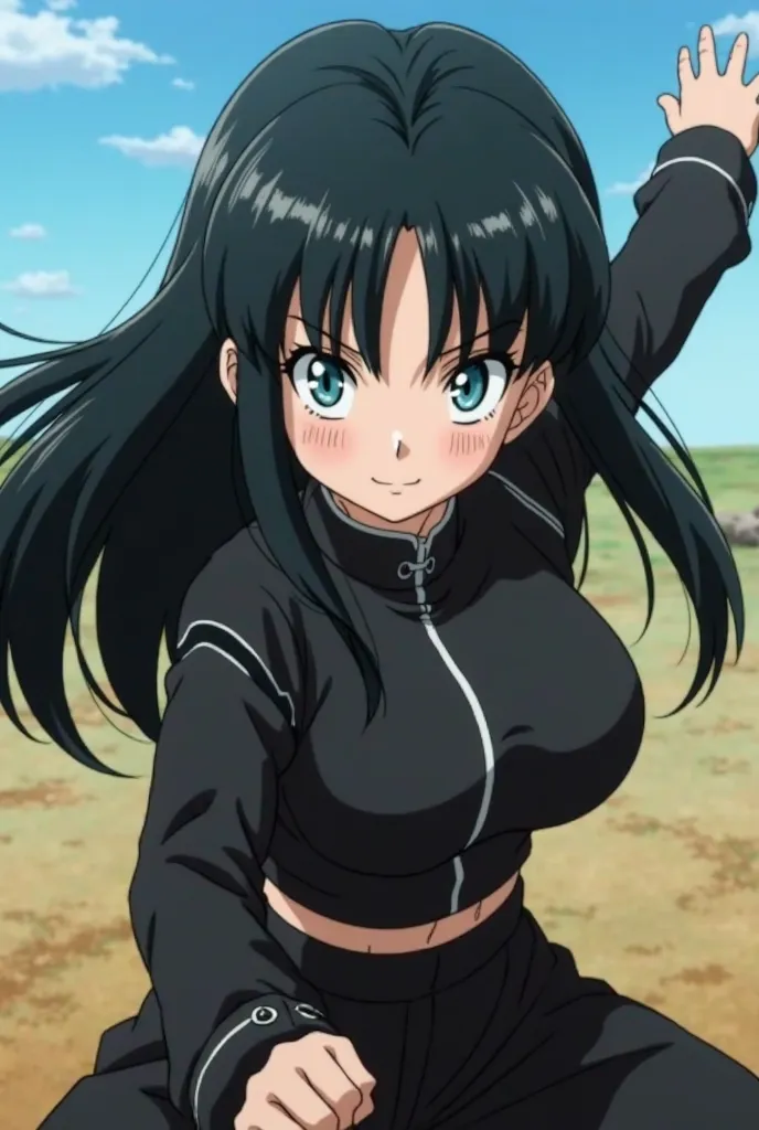 screenshot of the anime Dragon Ball Z,A woman with black hair,long and luscious, with straight fringe on the side ,torn light blue eyes,beautiful and attractive,neutral-faced,wearing a black training uniform,against a background of a field, fighting positi...