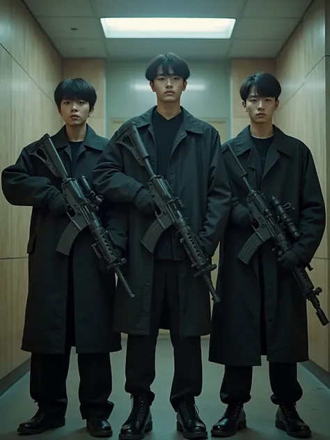 Image quality is 8K。Three Korean handsome male high school idols perform a bank heist with brutal, outrageous, heinous serial indiscriminate mass murder。All are heavily armed。They all stand in the same position and line up in the front row。 the characters ...