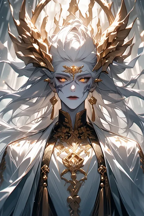 Demigod , high, strong, extremely white skin,  scaly skin ,  golden eyes, White hair, Wear noble Chinese robes.