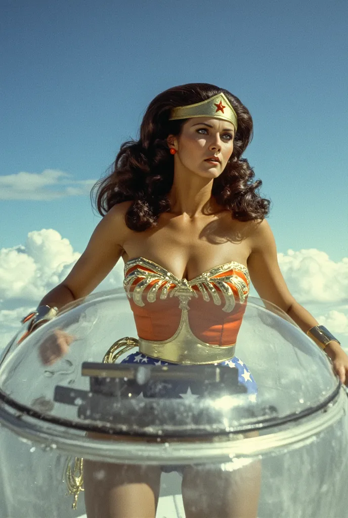 lynda carter as wonder woman piloting a glass plane in the skies close up