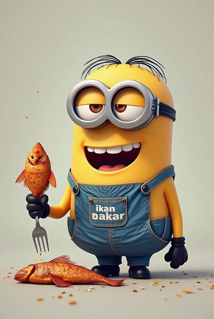 make a IT Developer minion (from minions cartoon) with a t-shirt that says "Saya suka Ikan bakar" and holding a grilled fish on a fork.
