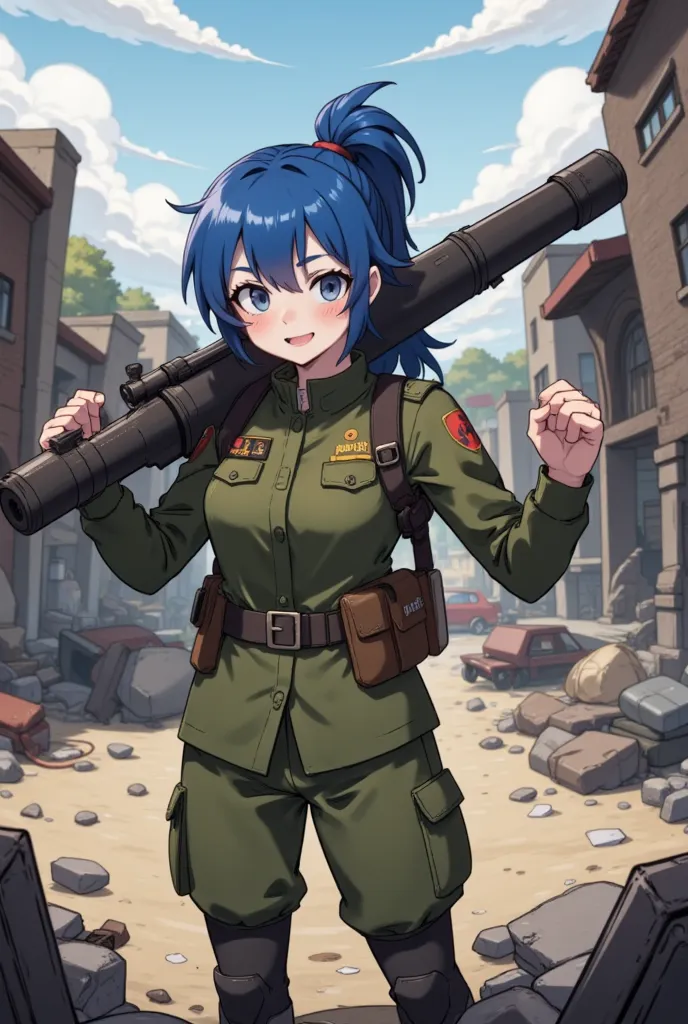 soldier, Young girl, Green set,  war ,  full body , fight, Hair tie, Blue Hair, Carrying a cannon