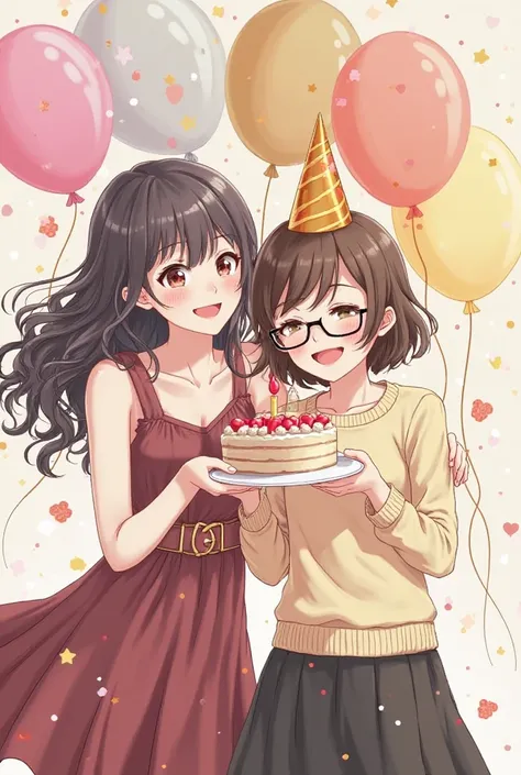 Girl on the right with short hair wearing glasses，Beige Top Black Skirt，Hand Balloons；
・ Girl on the right with long curly hair wearing a birthday hat，Wear Gorgeous Dress，Double-handed Cake。
Two people smiling on each other's shoulders，Background Flowing l...