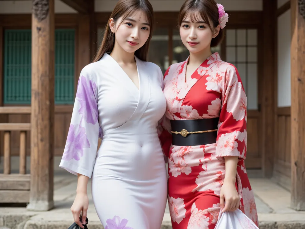 two young women wearing traditional Japanese kimonos of various colors and beautiful motifs. They stood side by side in front of a wooden building with traditional Japanese architecture, decorated with green ornate carvings and windows. Each wore a modern ...