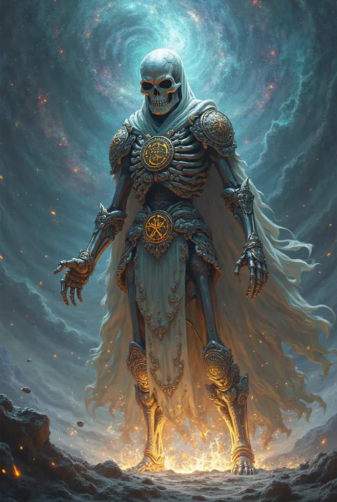 Create an image of a skeleton warrior with cosmic powers facing the representation of life 