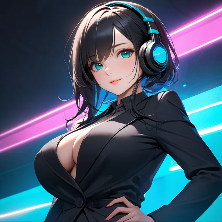 nsfw, sexy, large breast,Mechanical agent, neon teal light, headphone and mic, A beautiful and intelligent young woman with a calm and confident expression, slightly smiling. She has long, silky black hair and sharp, captivating eyes. Dressed in an elegant...