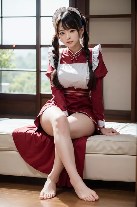 Arafed Asian woman in red maid uniform, sexy pose sitting on the castle floor, beautiful Korean woman, Korean woman in red maid uniform, Japanese woman with pigtails, beautiful young Korean woman, realistic young Korean woman, Japanese model, young pretty ...