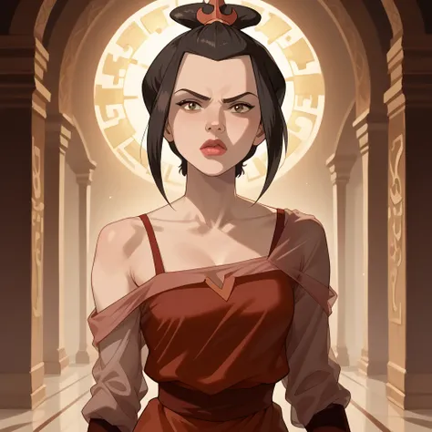 A full body display, Princess Azula off the shoulder strap, low cut tank-top, long see-through dress, intricate fantasy character portrait, detailed facial features, intense gaze, dramatic pose, dark fantasy, dark magic, moody lighting, cinematic compositi...