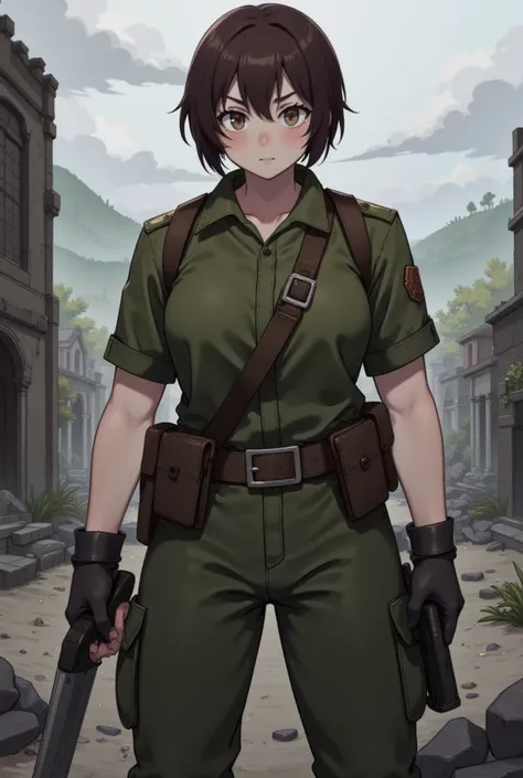 soldier, Young girl, Green set,  war ,  full body , fight, My hair is very short., Brown Hair, Hold a knife and a short gun.