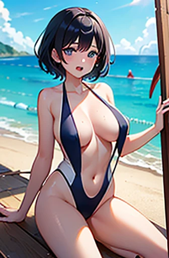 (masterpiece, best quality、super detailed skin:1.1)、 1 girl、Blue Eyes、cute、 black hair、(short hair)、(slingshot swimsuit:1.5), (nude:1.1),large breasts,(bare navel:1.2),(macro shot)、 sandy beach、Painting、(naughty1.1)、(open mouth:1.2) 、 (love juice:1.2)、(ste...