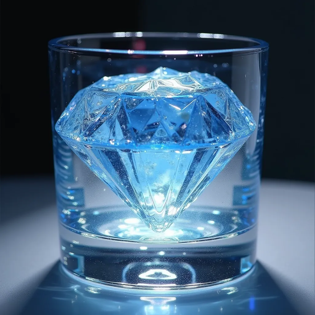  Visual Elements ：
Main picture ：An ice sculpture of a fully, highly transparent polygonal diamond is placed inside a whiskey glass
requiring：diamond tip is underneath，There are 30%whisky
Ice sculpture color：Blue and white gradient（ Echoes the transparency...