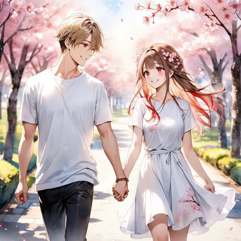 super realistic white dress、 red eyes、 Gold、Bronze Hair、long hair、flower hair ornament、 wine、watercolor画、watercolor、Blur color 、Cherry blossom trees、 is turning to the white t-shirt and smiling、 holding hands